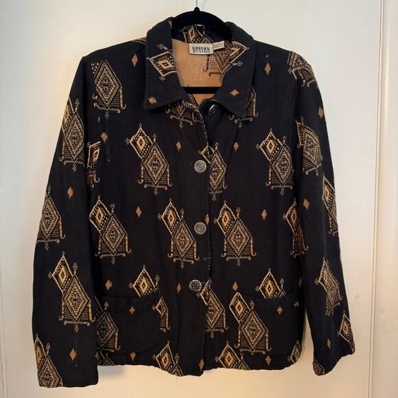 Chicos Design Vintage Womens Aztec Linen Look Black Shacket Size Medium/1/8 - Picture 1 of 9
